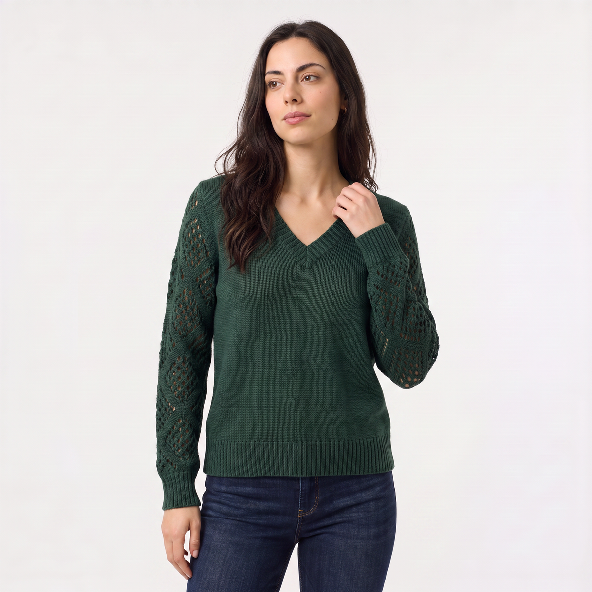 V-Neck Pointelle Sleeve Sweater