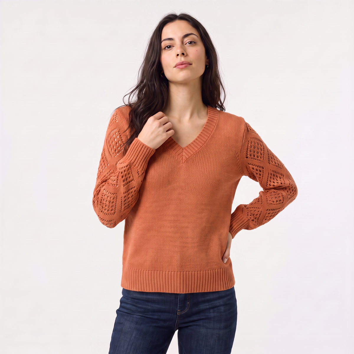 V-Neck Pointelle Sleeve Sweater