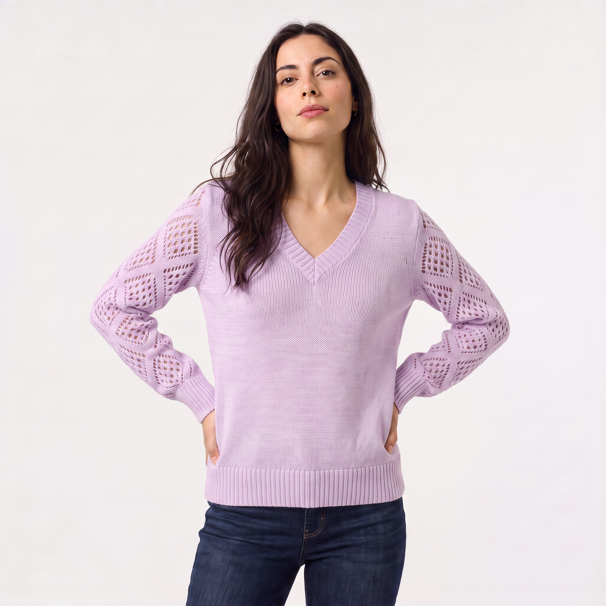 V-Neck Pointelle Sleeve Sweater
