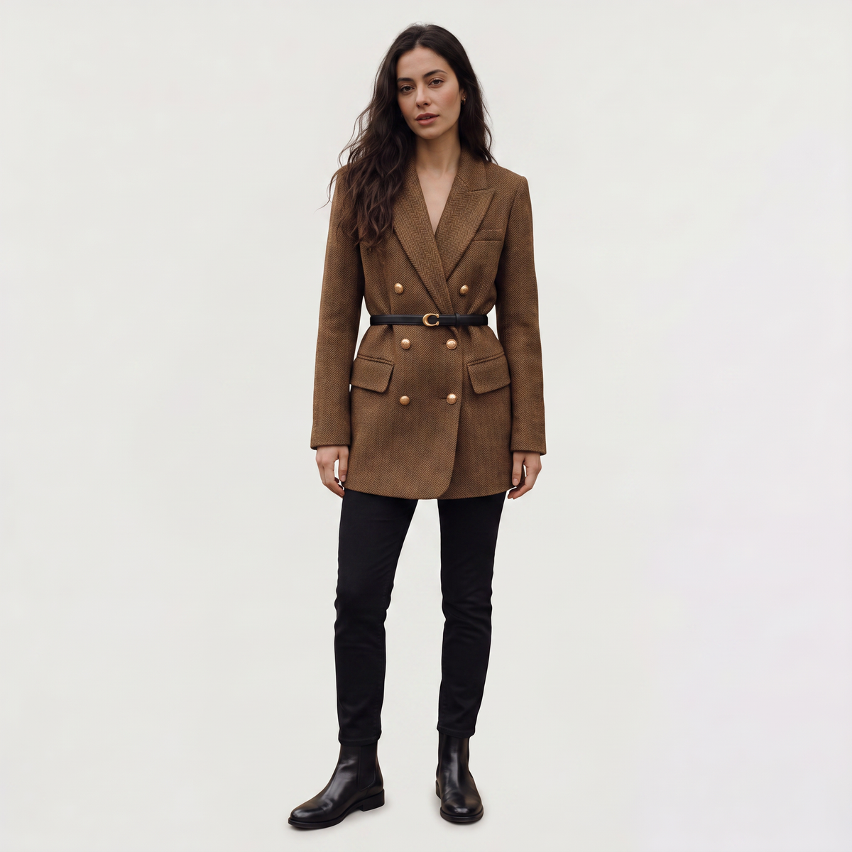 Belted Double-Breasted Tweed Blazer