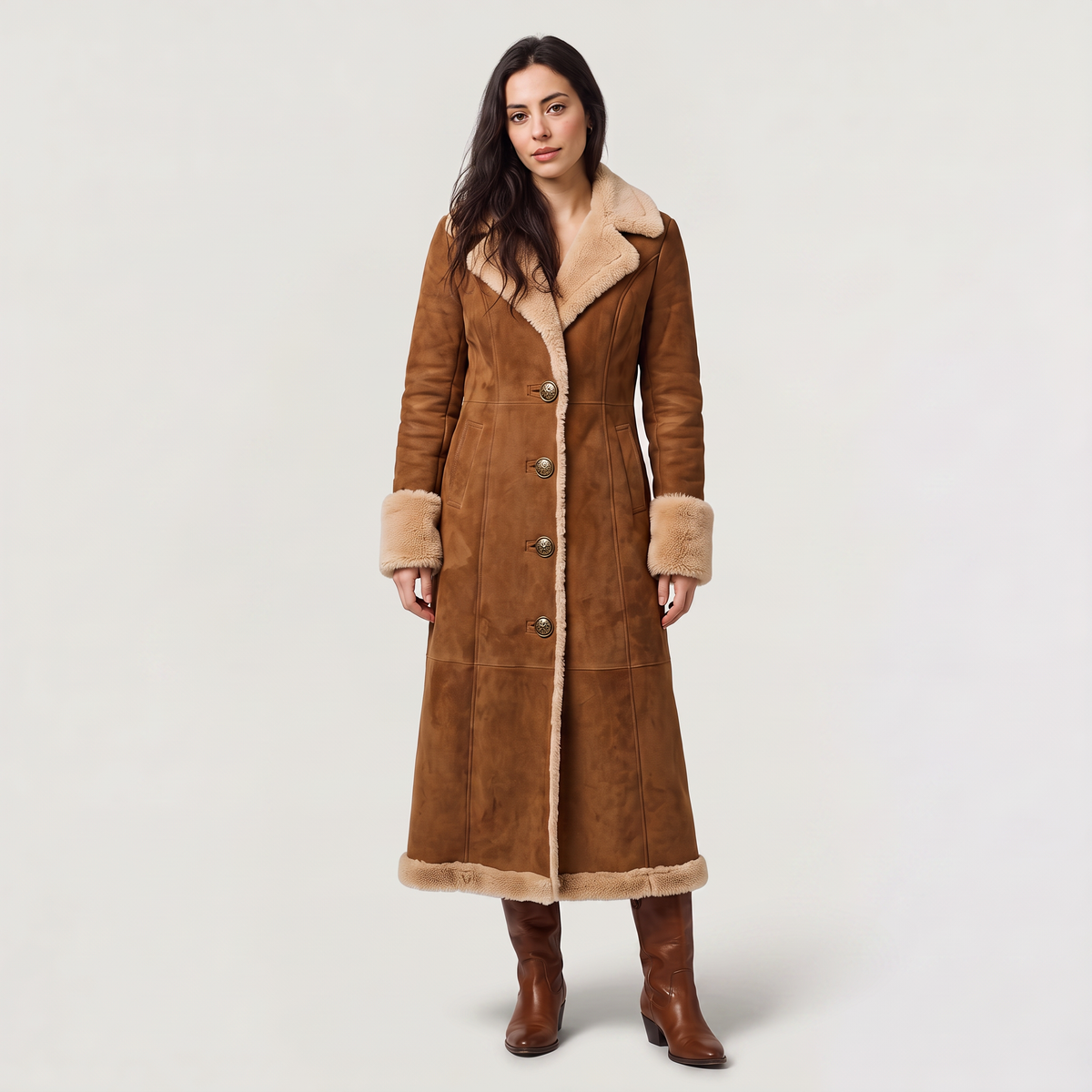 Faux Suede Shearling Trim Coat