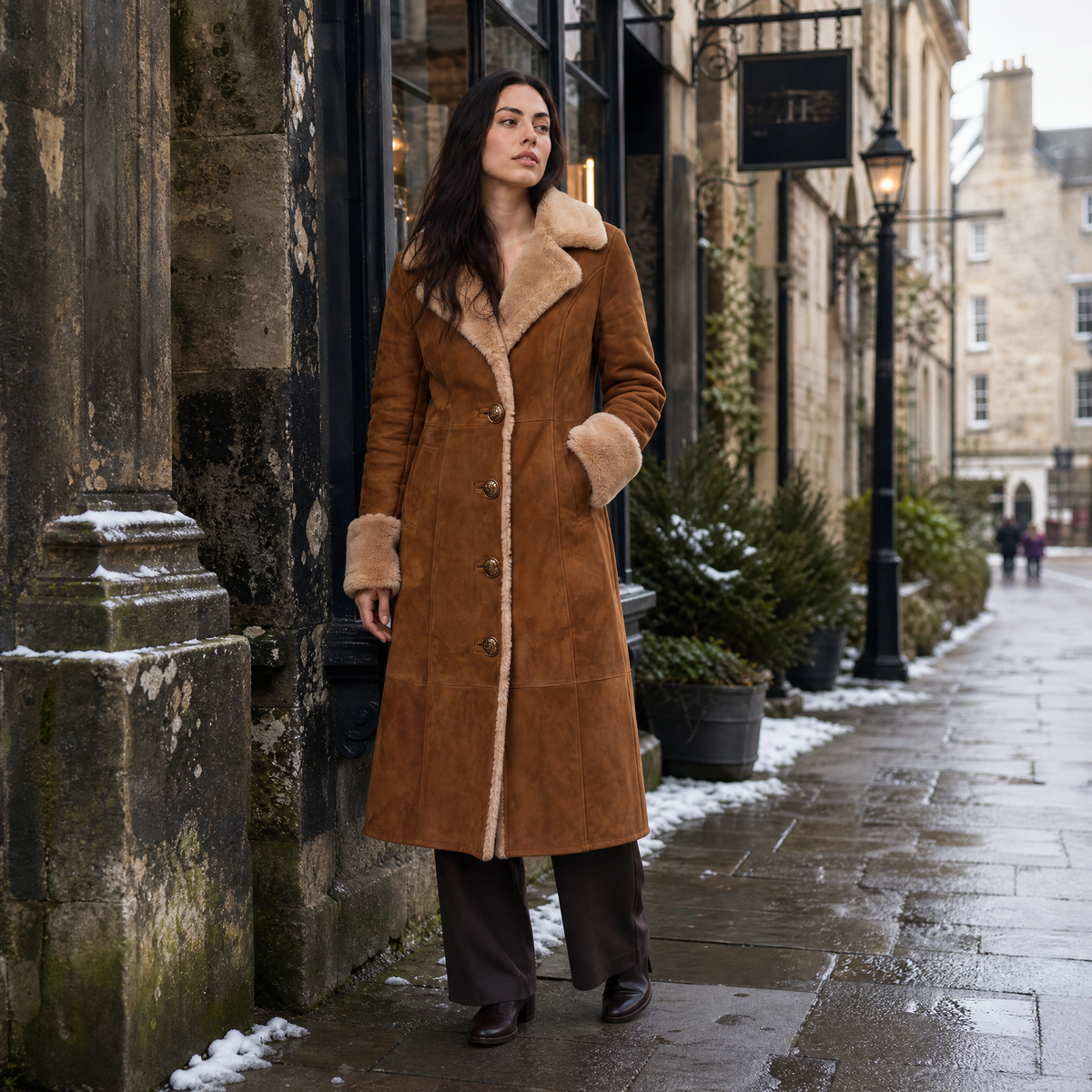 Faux Suede Shearling Trim Coat