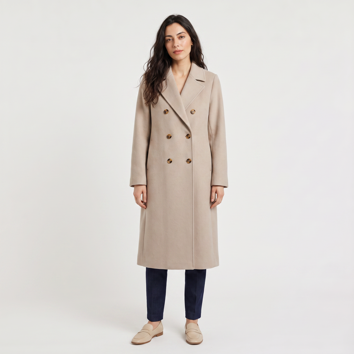 Double-Breasted Wool Blend Long Coat
