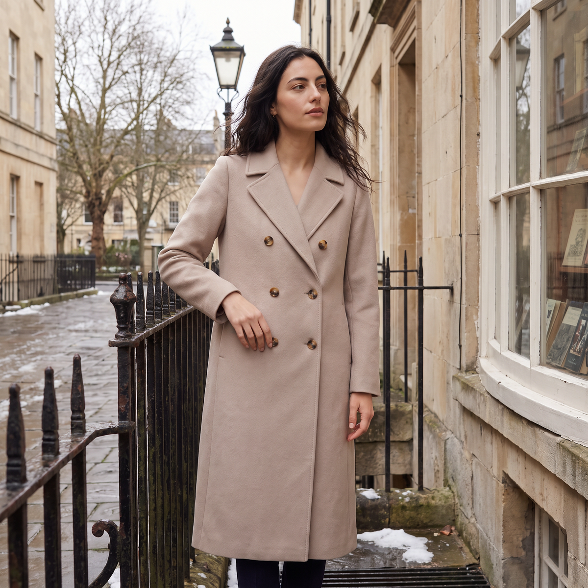 Double-Breasted Wool Blend Long Coat