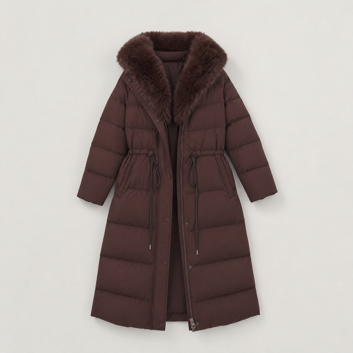 Long Puffer Coat with Faux Fur Hood