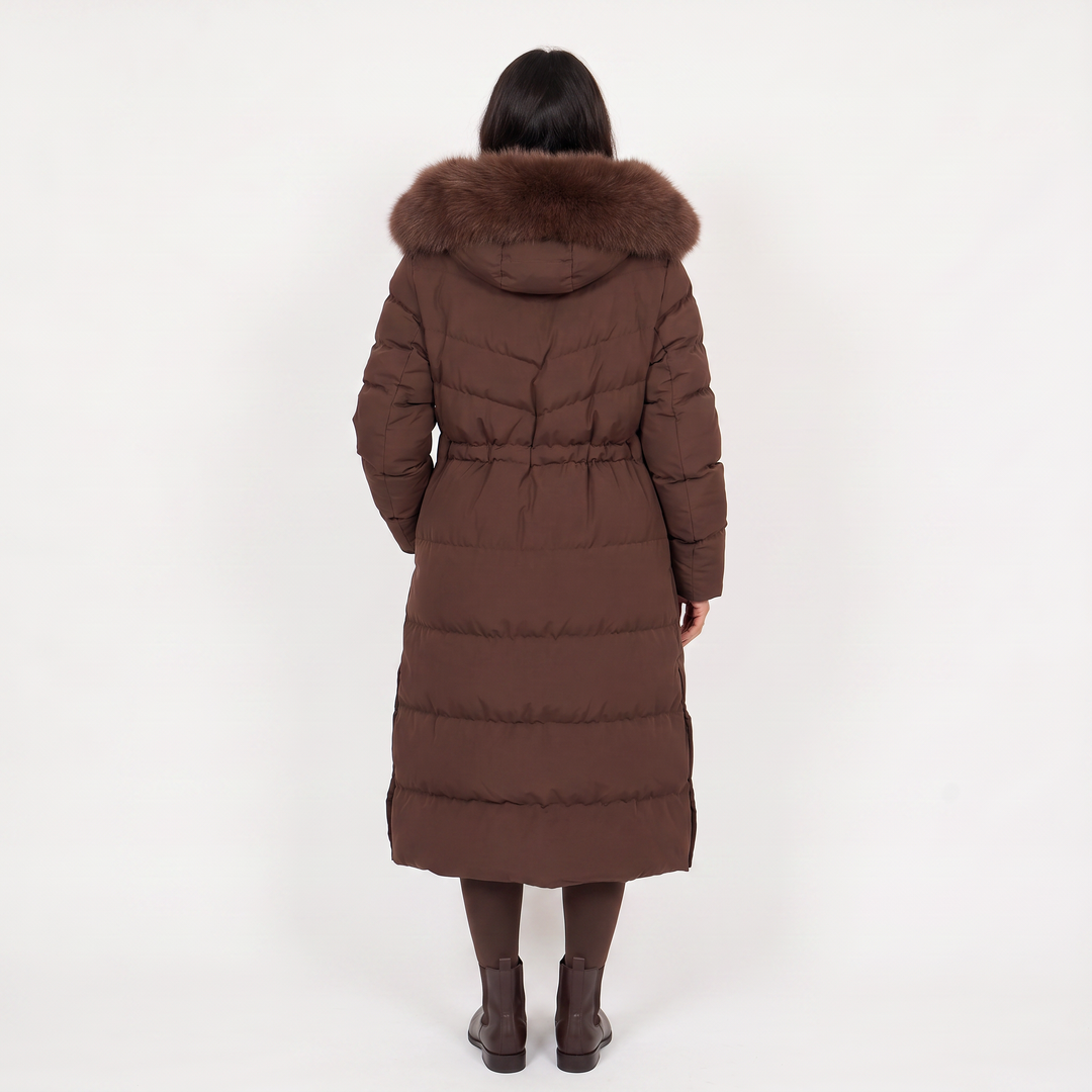 Long Puffer Coat with Faux Fur Hood