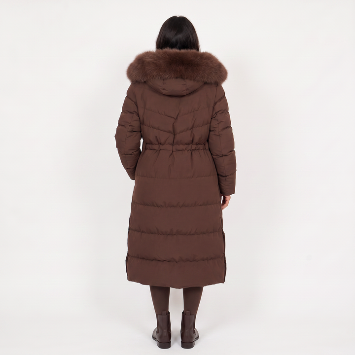 Long Puffer Coat with Faux Fur Hood