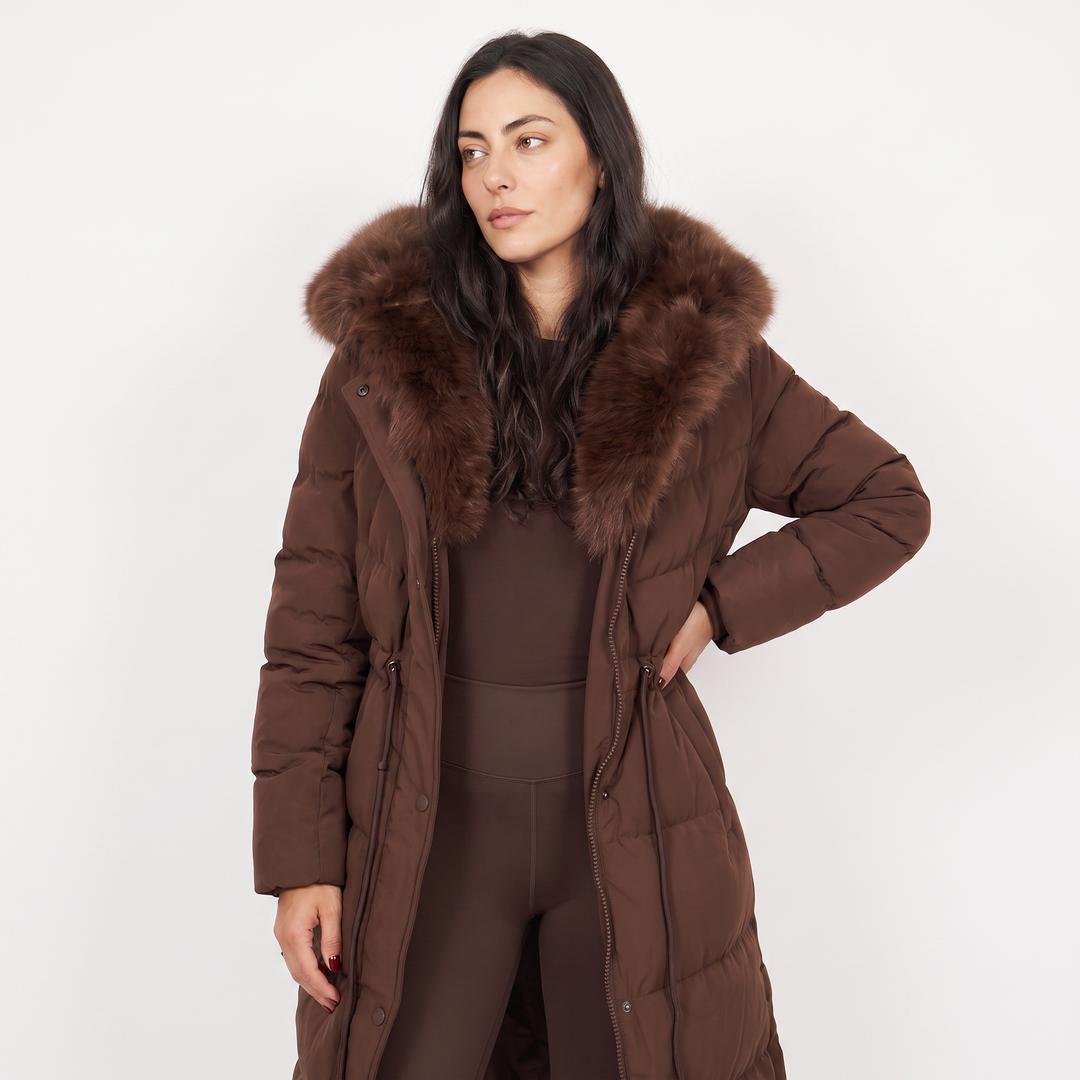 Long Puffer Coat with Faux Fur Hood