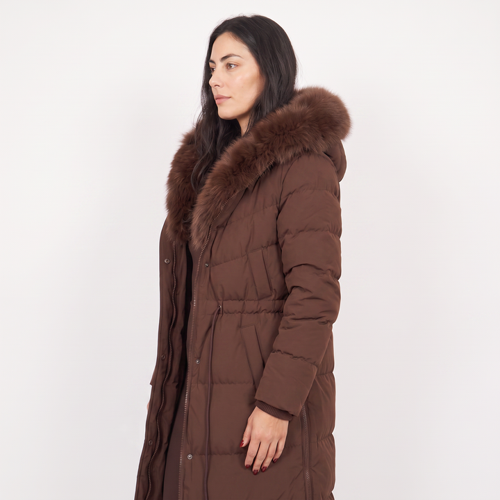 Long Puffer Coat with Faux Fur Hood