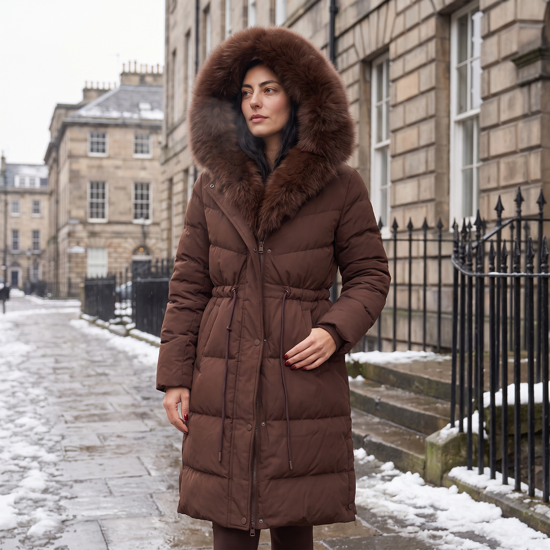 Long Puffer Coat with Faux Fur Hood