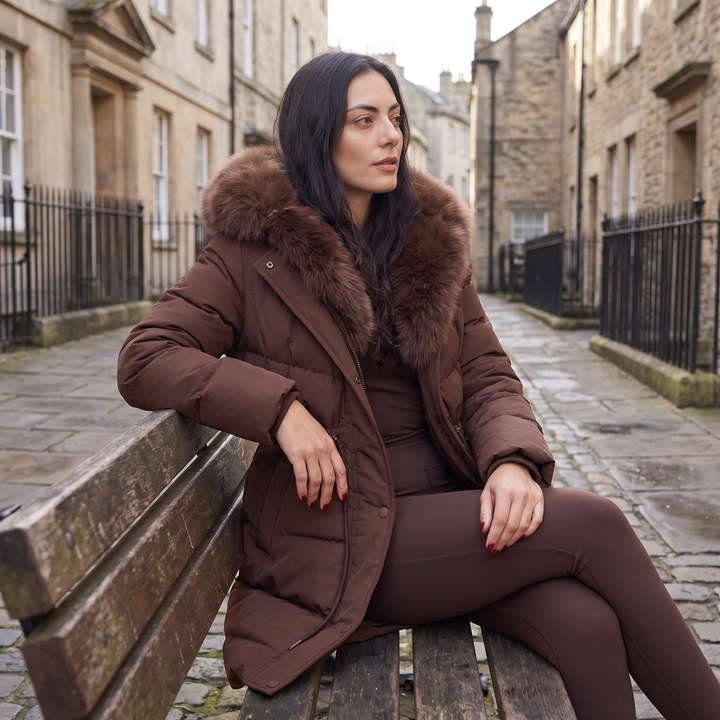 Long Puffer Coat with Faux Fur Hood