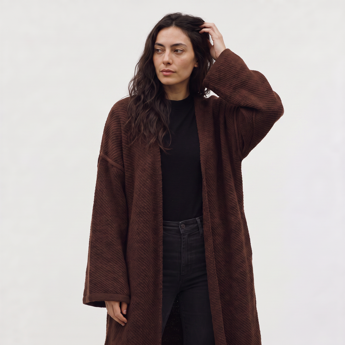 Long Line Open-Front Knit Cardigan