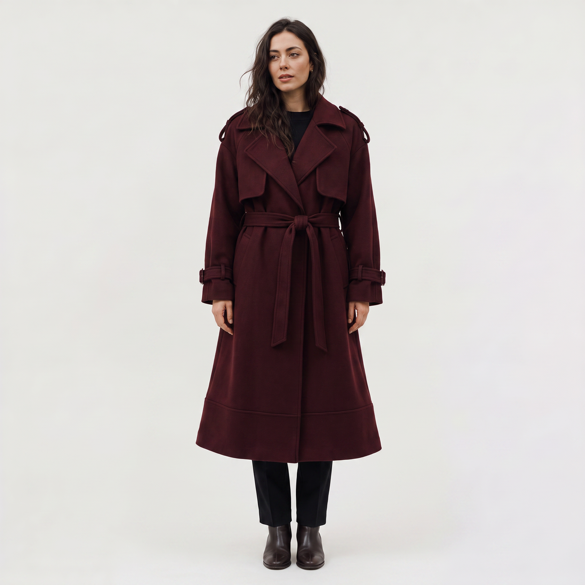 Long Belted Wool Blend Coat