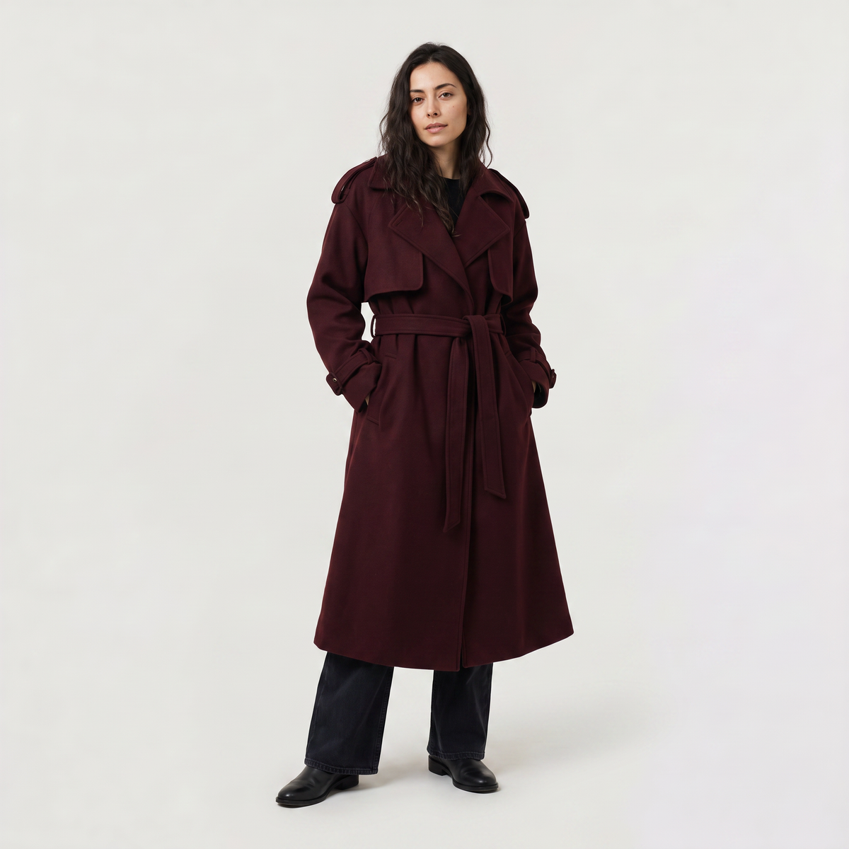 Long Belted Wool Blend Coat