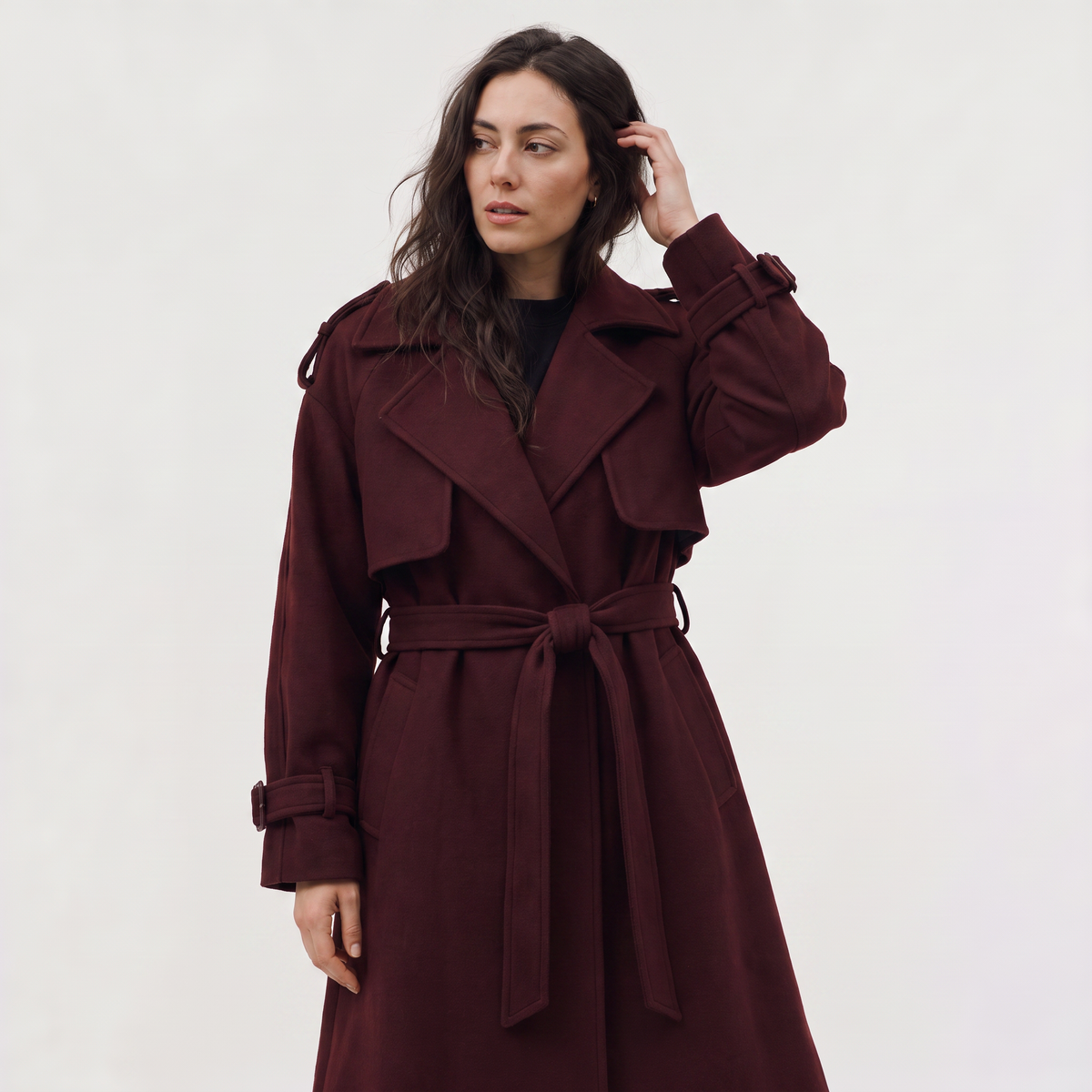 Long Belted Wool Blend Coat