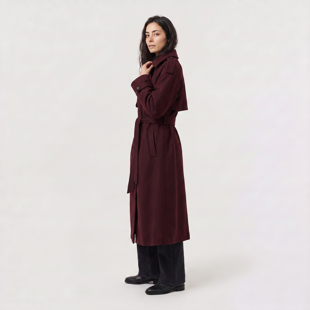 Long Belted Wool Blend Coat