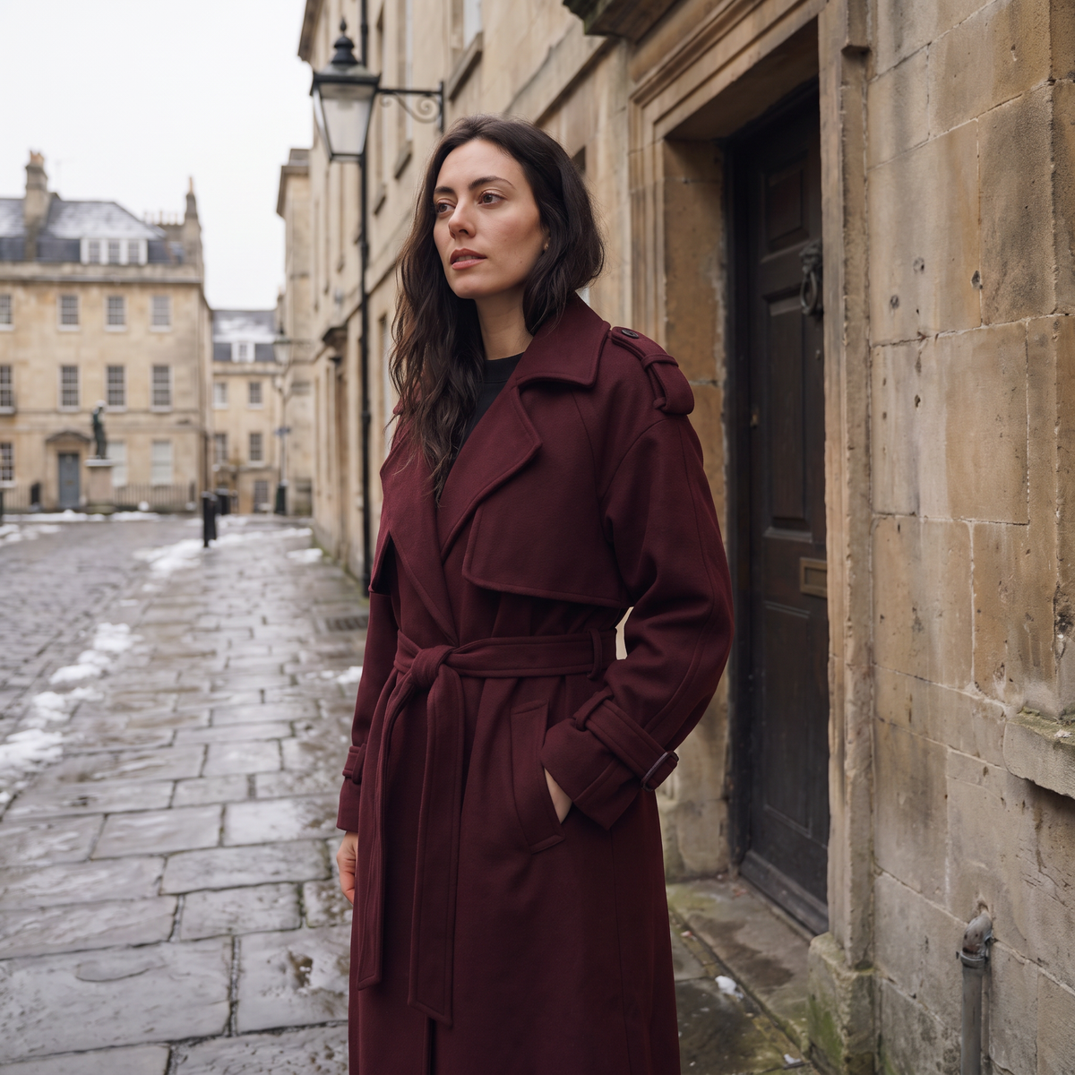 Long Belted Wool Blend Coat