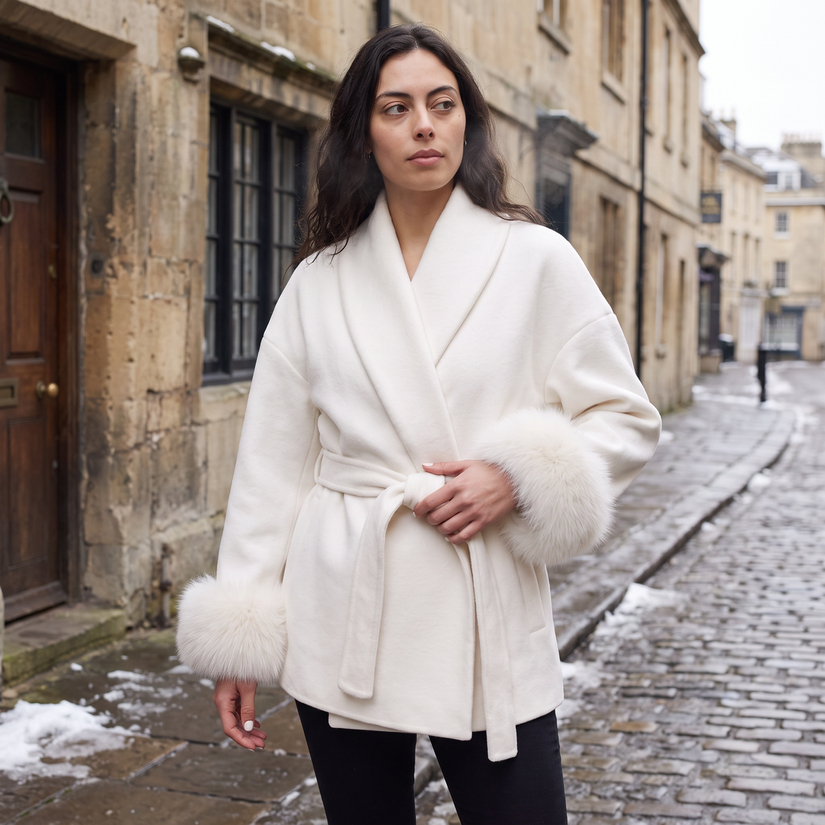 Wool Blend Coat with Faux Fur Cuffs