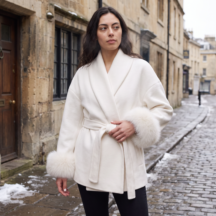 Wool Blend Coat with Faux Fur Cuffs