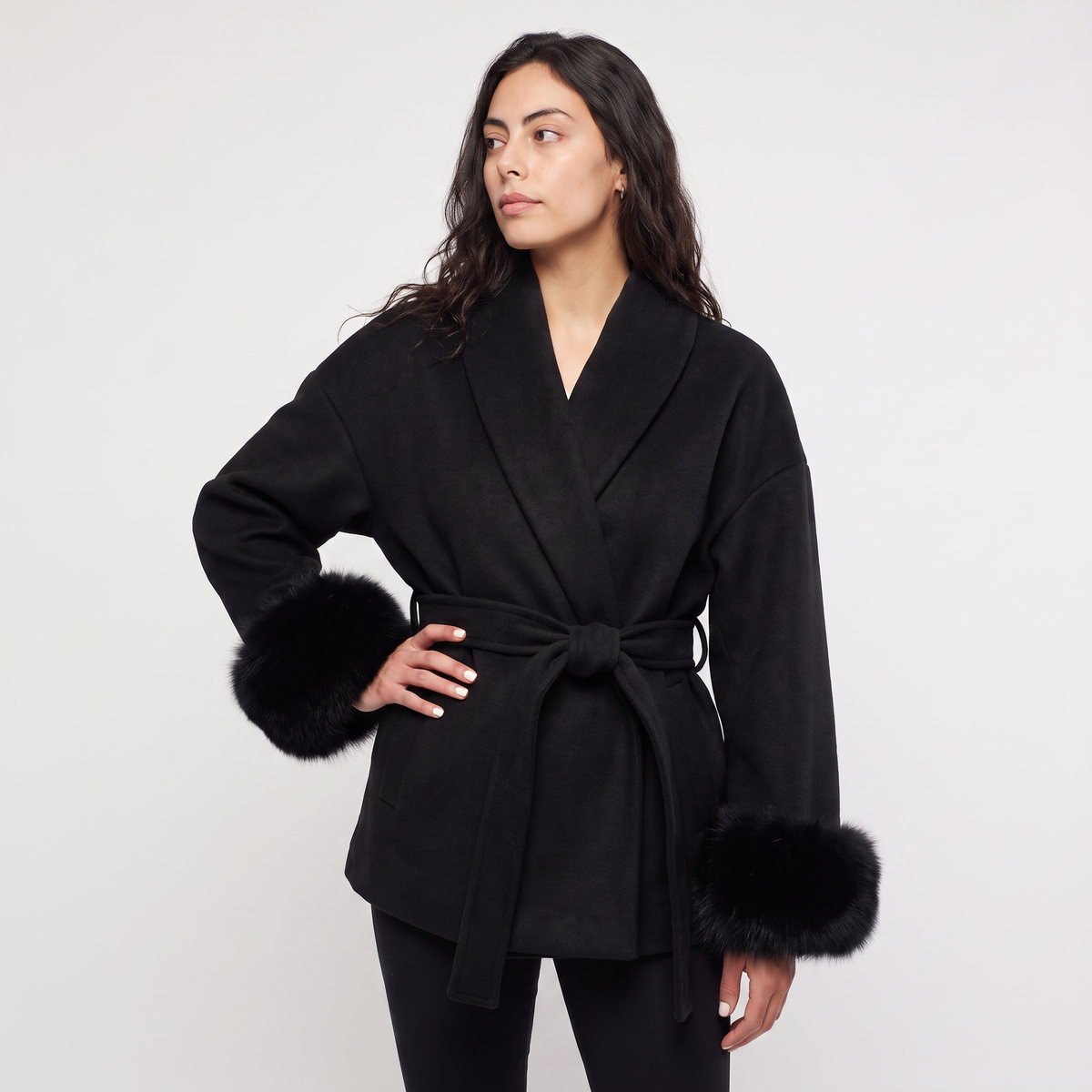 Wool Blend Coat with Faux Fur Cuffs