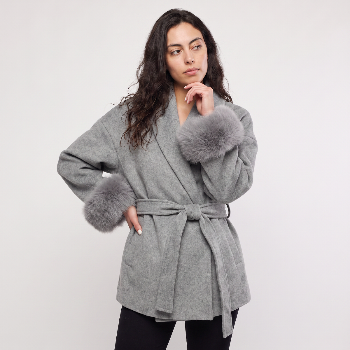 Wool Blend Coat with Faux Fur Cuffs