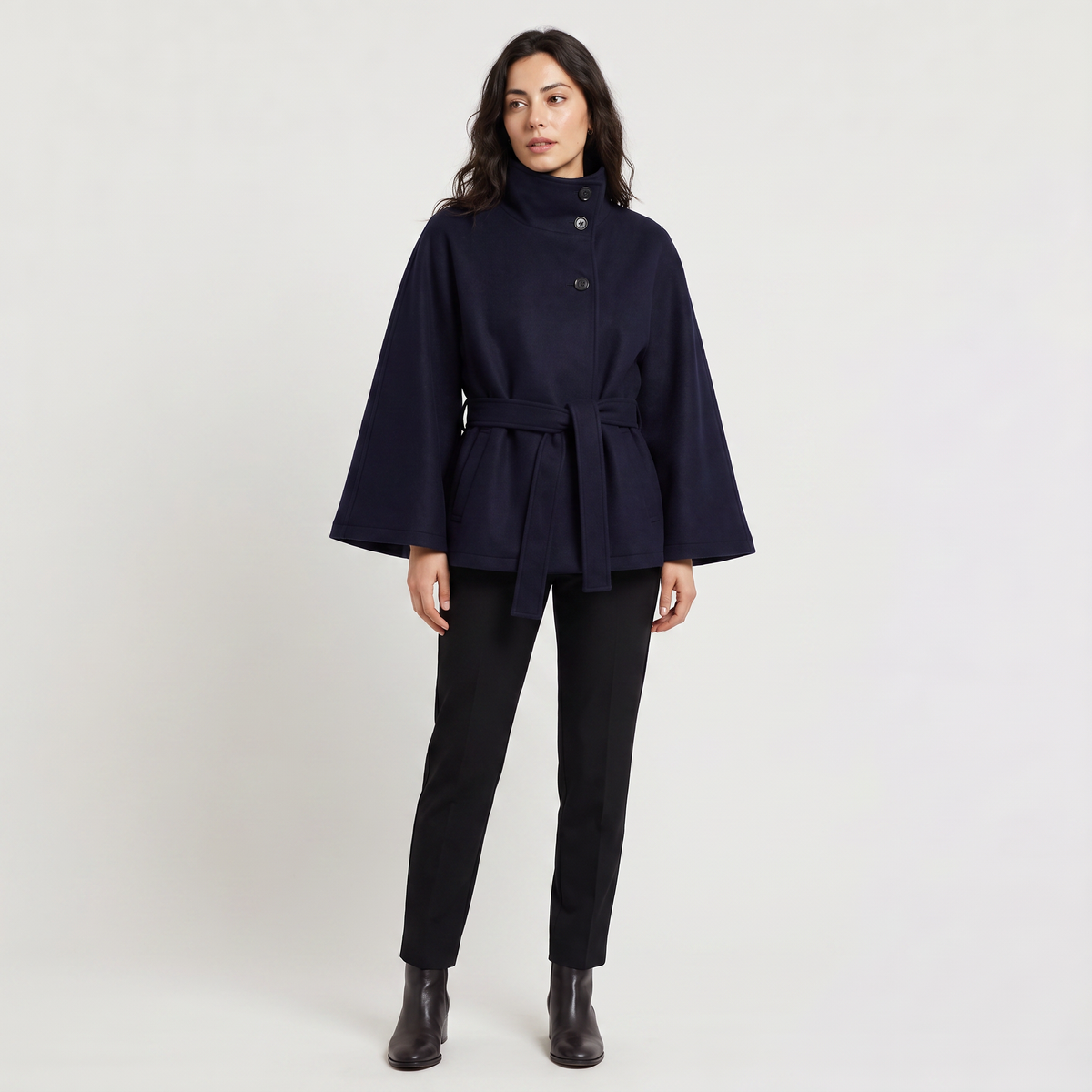 High-Neck Belted Cape Coat