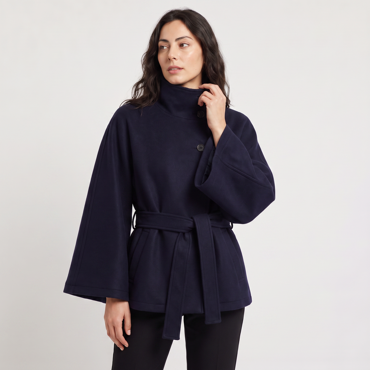 High-Neck Belted Cape Coat