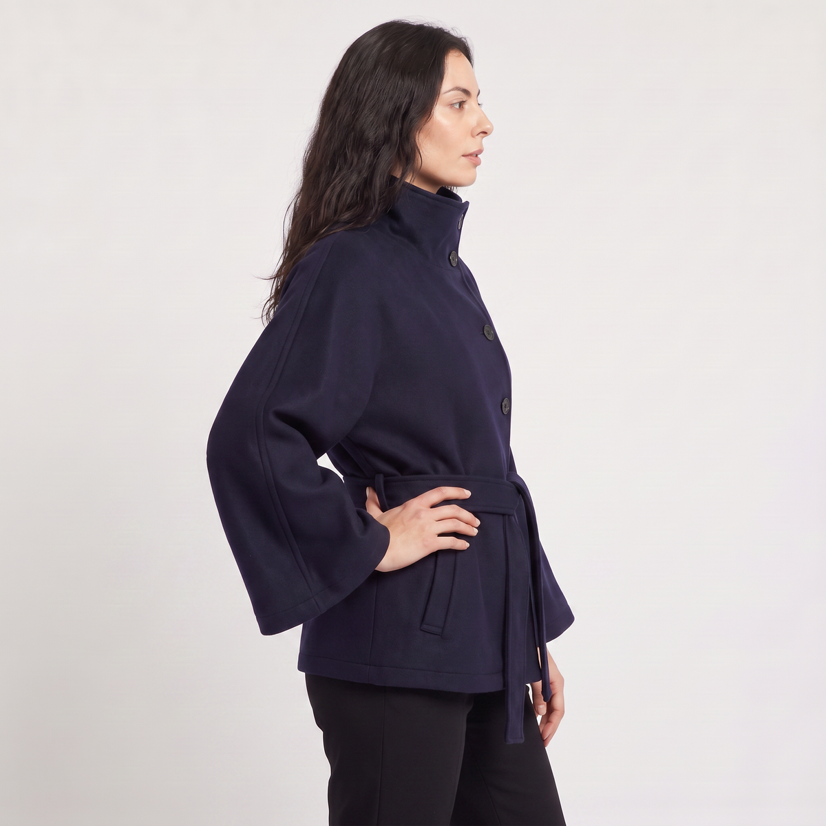High-Neck Belted Cape Coat
