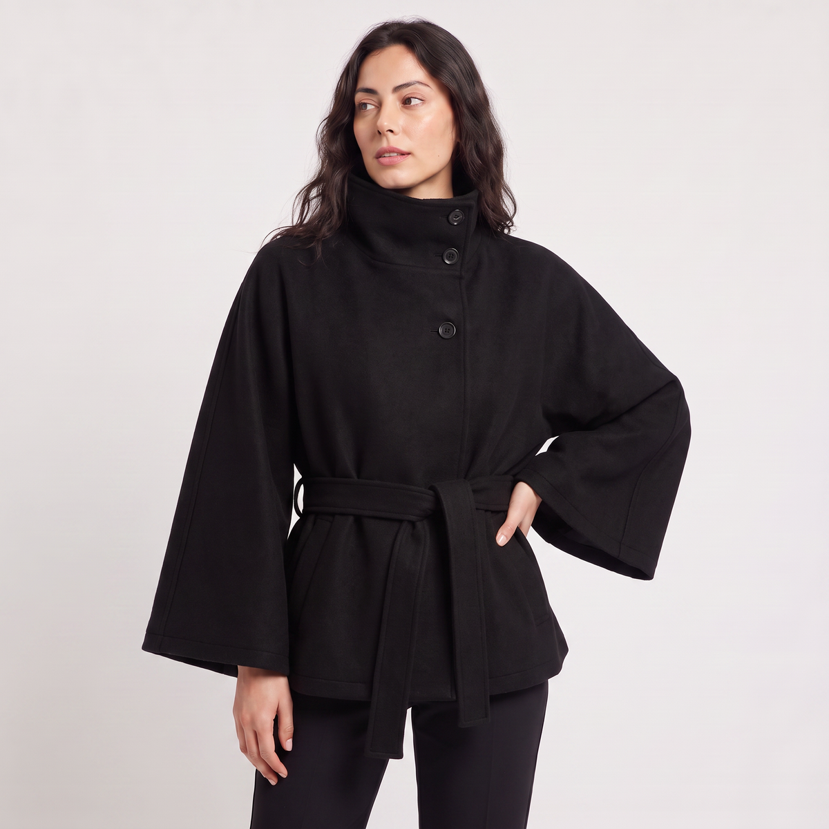High-Neck Belted Cape Coat