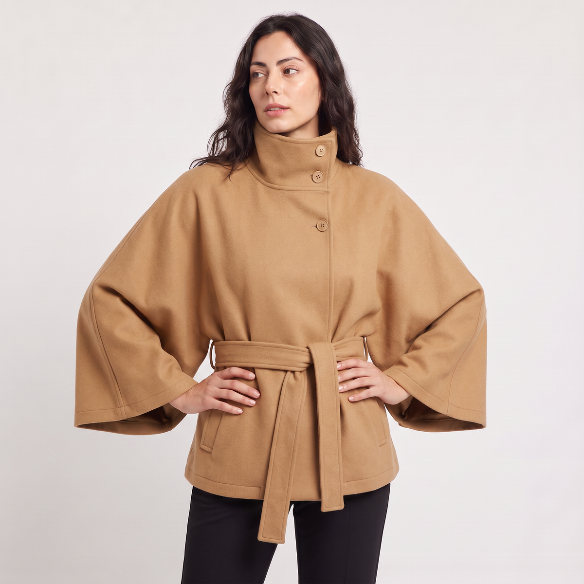 High-Neck Belted Cape Coat