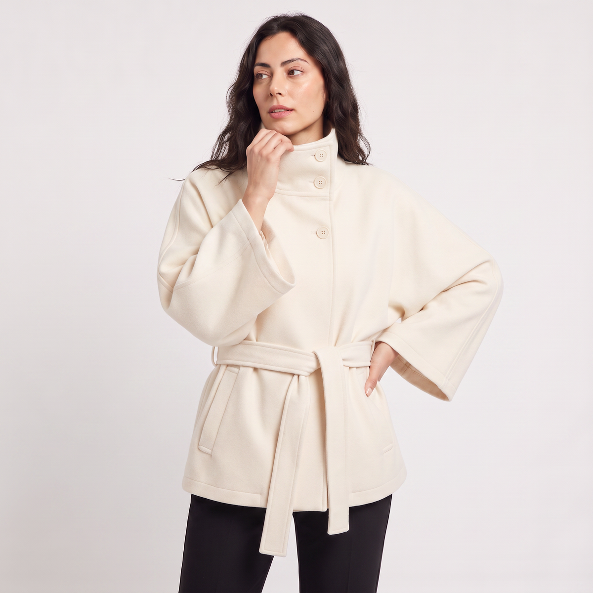 High-Neck Belted Cape Coat
