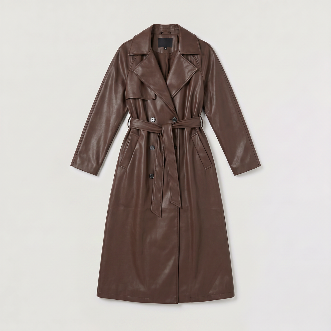 Belted Faux Leather Midi Trench Coat