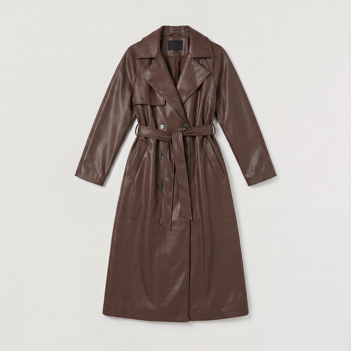 Belted Faux Leather Midi Trench Coat