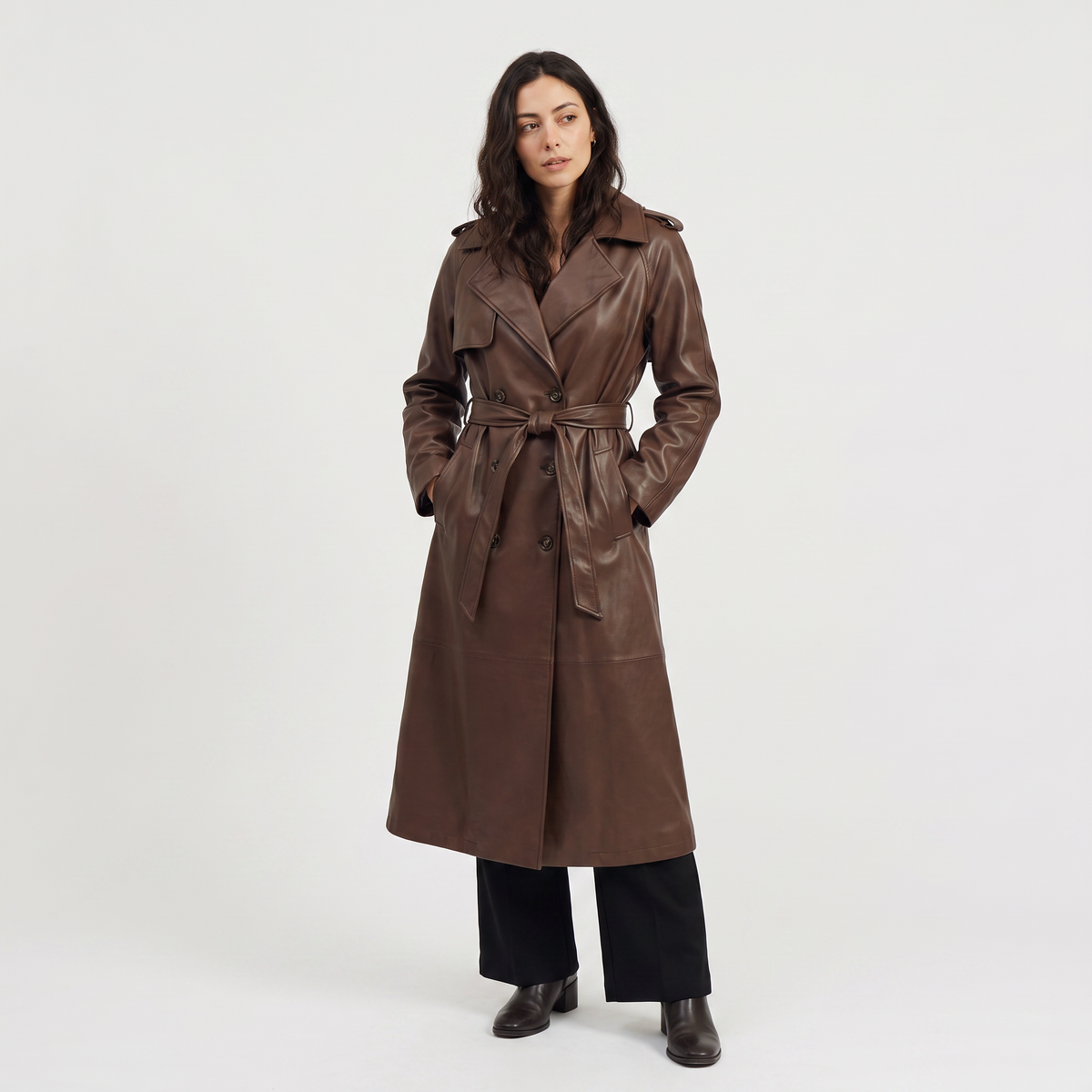 Belted Faux Leather Midi Trench Coat