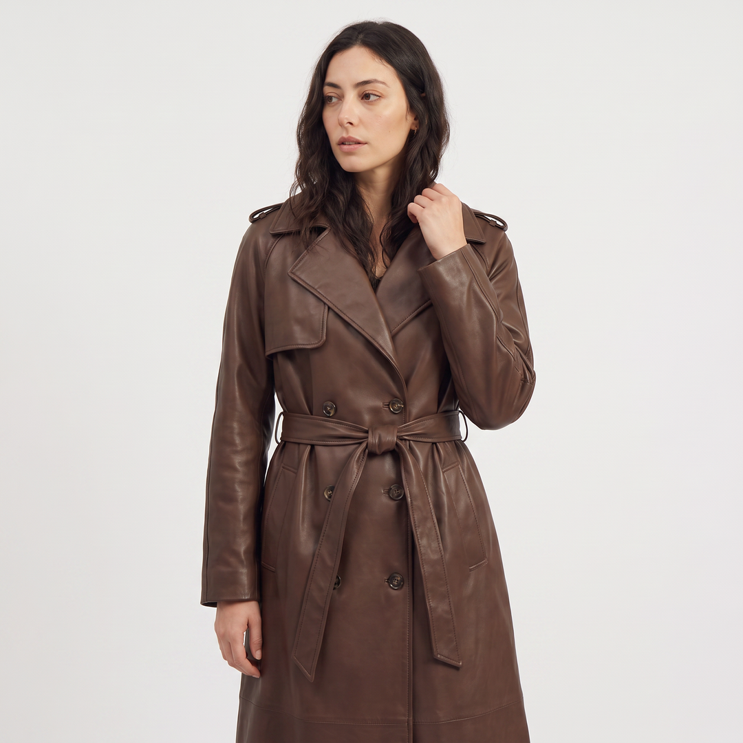 Belted Faux Leather Midi Trench Coat