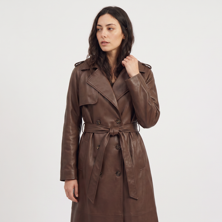 Belted Faux Leather Midi Trench Coat