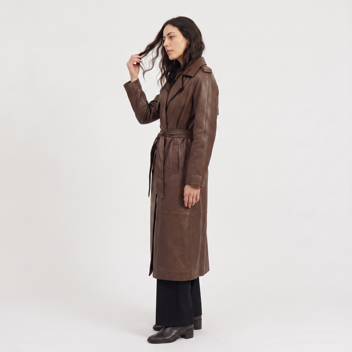 Belted Faux Leather Midi Trench Coat