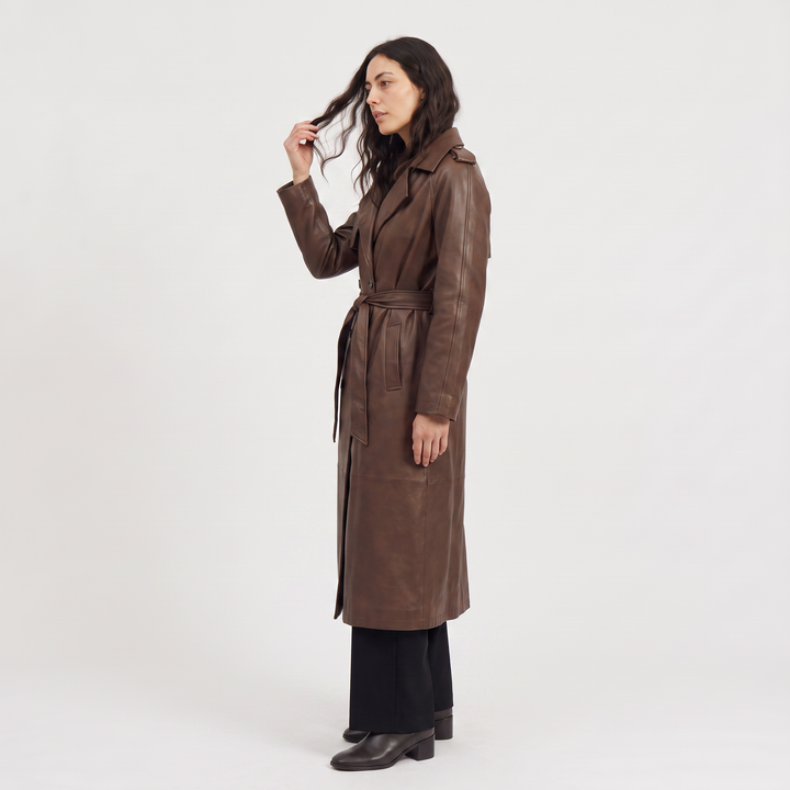 Belted Faux Leather Midi Trench Coat