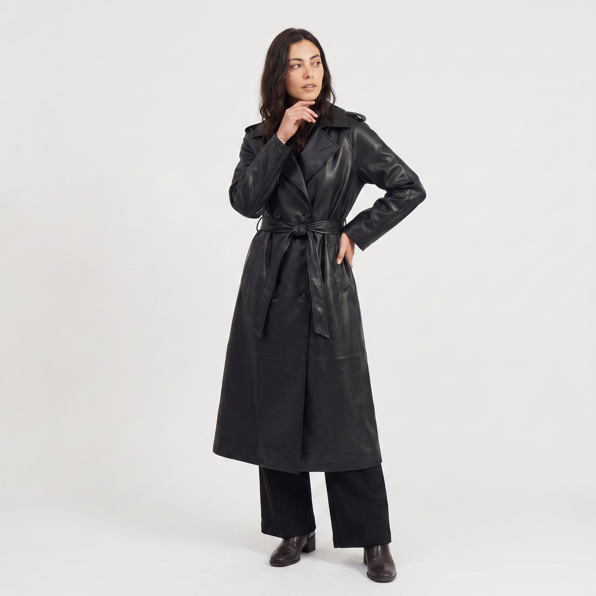 Belted Faux Leather Midi Trench Coat