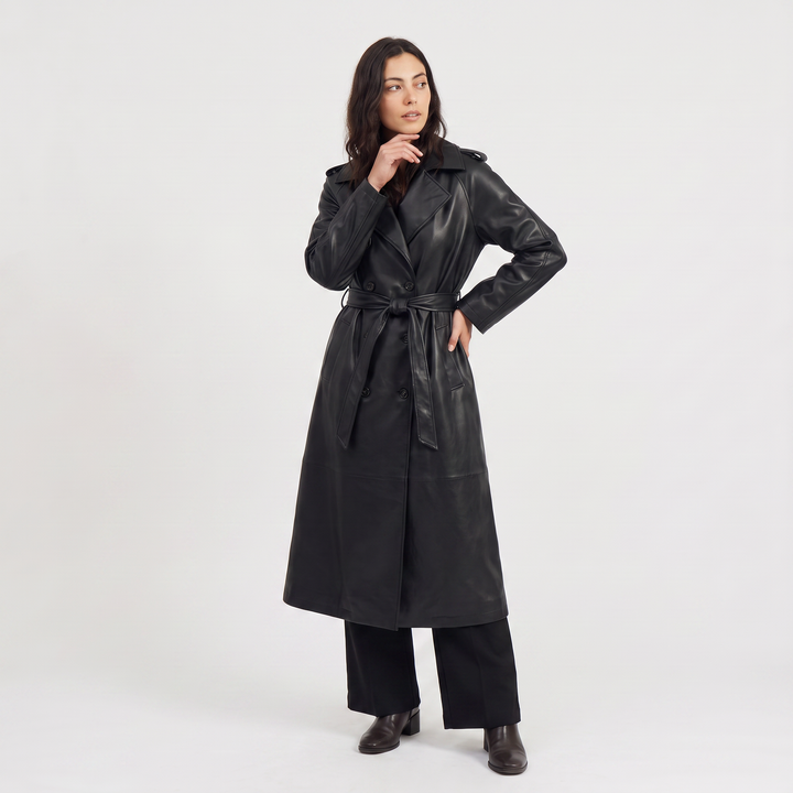 Belted Faux Leather Midi Trench Coat
