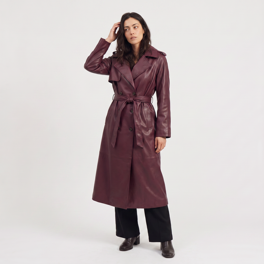 Belted Faux Leather Midi Trench Coat