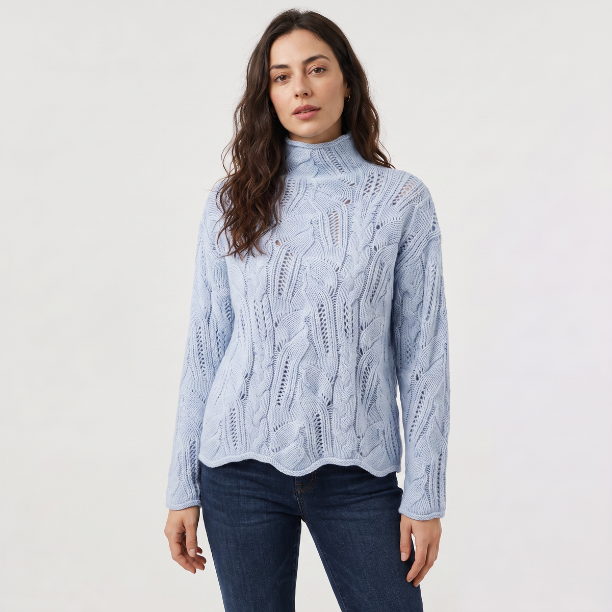 Pointelle Cable Knit Turtleneck Sweater