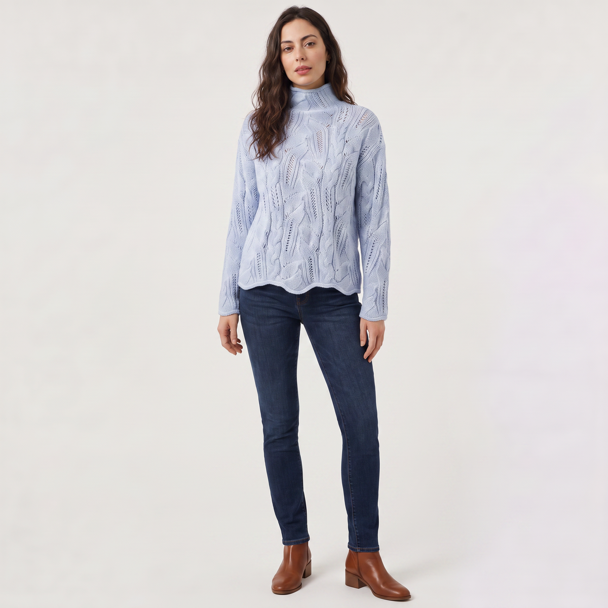 Pointelle Cable Knit Turtleneck Sweater