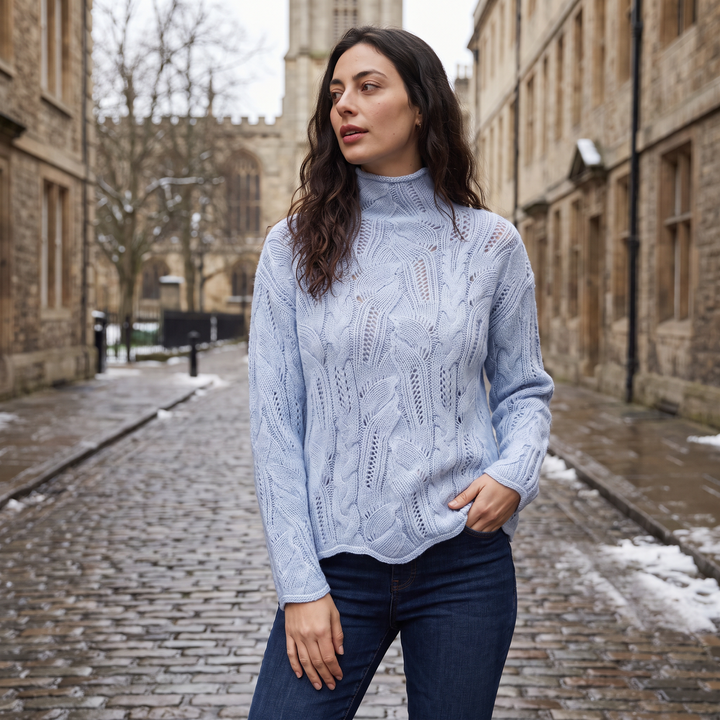Pointelle Cable Knit Turtleneck Sweater