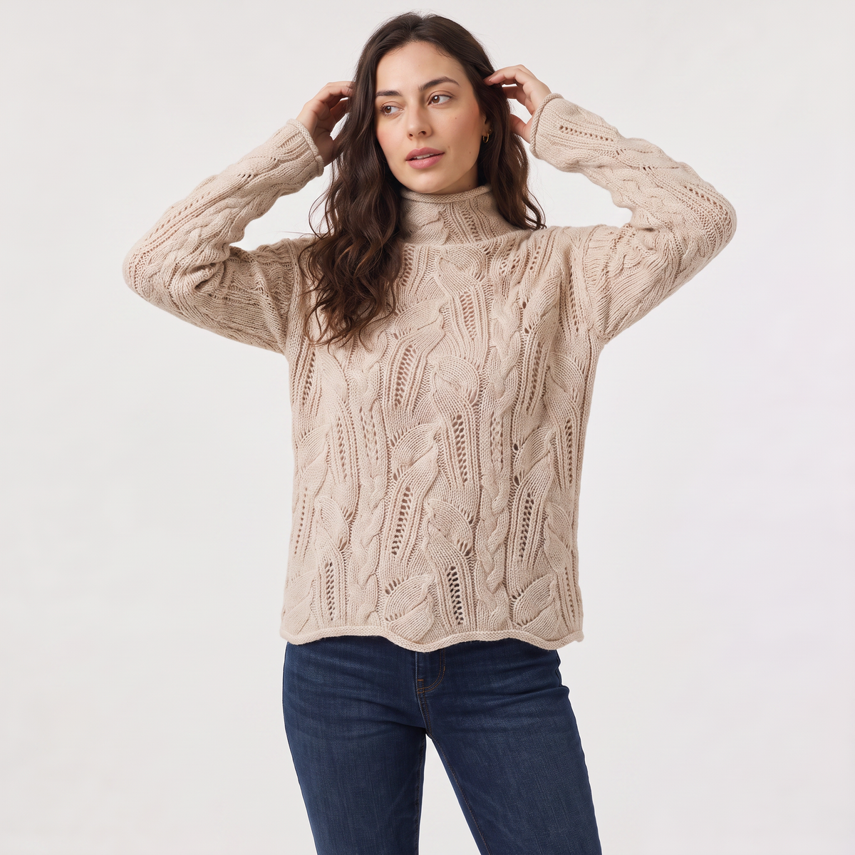 Pointelle Cable Knit Turtleneck Sweater