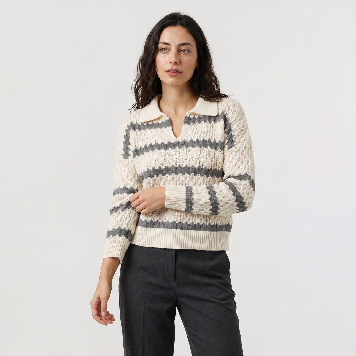 Striped Pointelle Cable Knit Collar Sweater