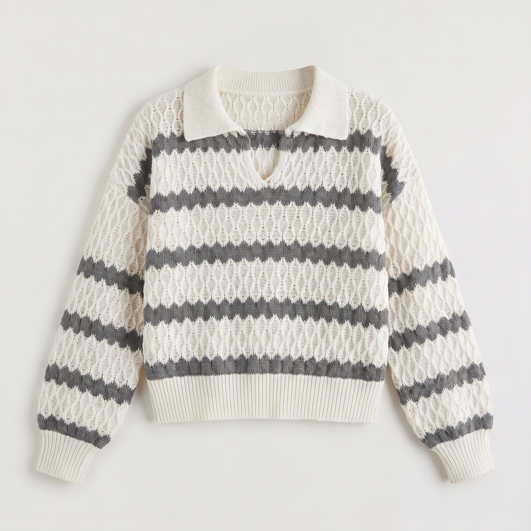 Striped Pointelle Cable Knit Collar Sweater