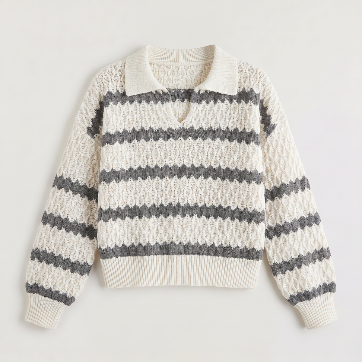 Striped Pointelle Cable Knit Collar Sweater