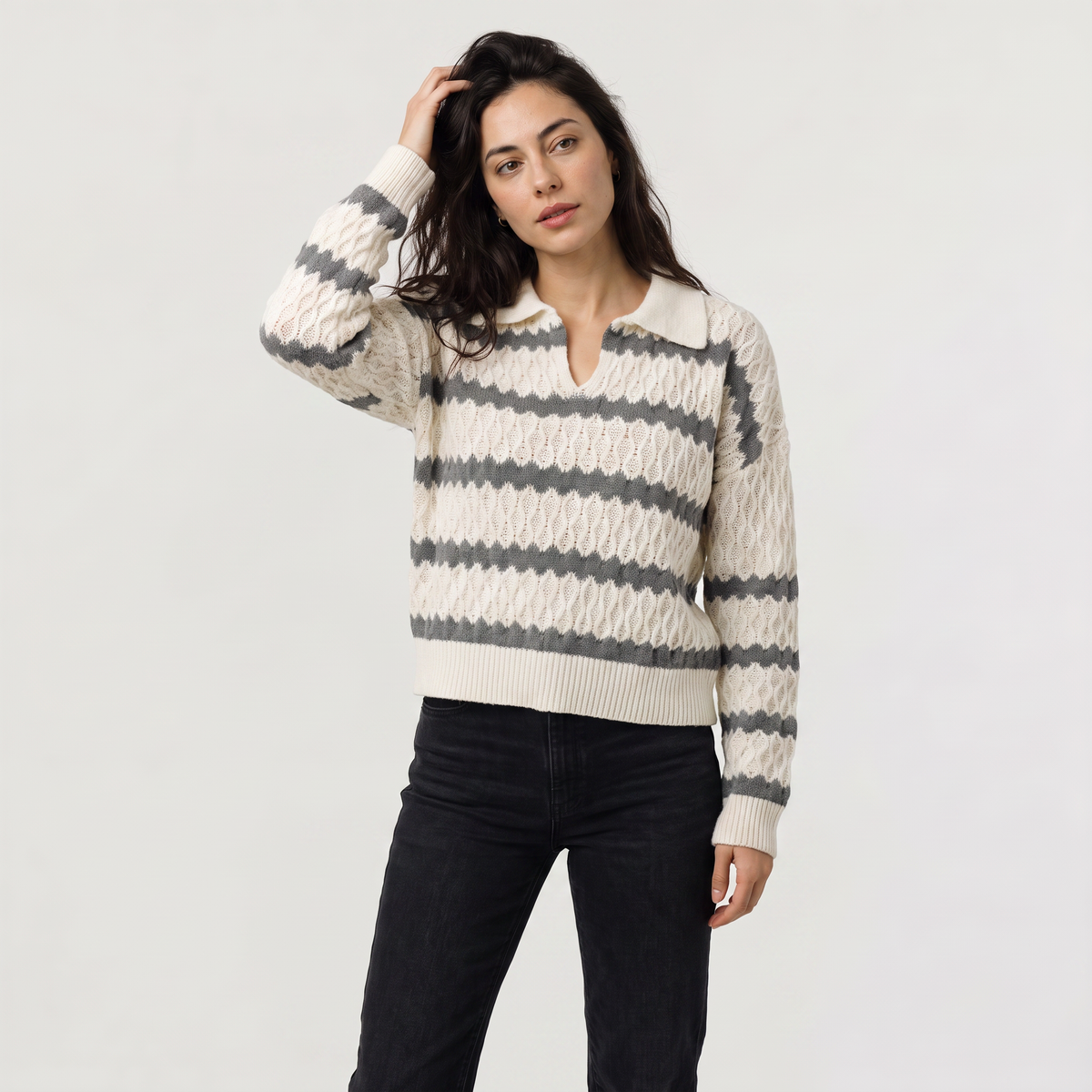 Striped Pointelle Cable Knit Collar Sweater