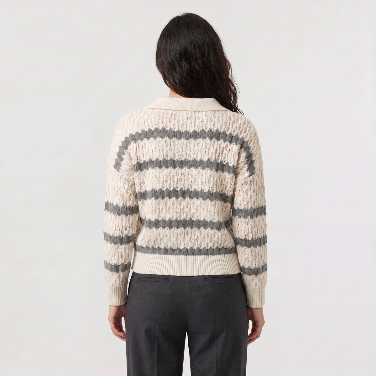 Striped Pointelle Cable Knit Collar Sweater